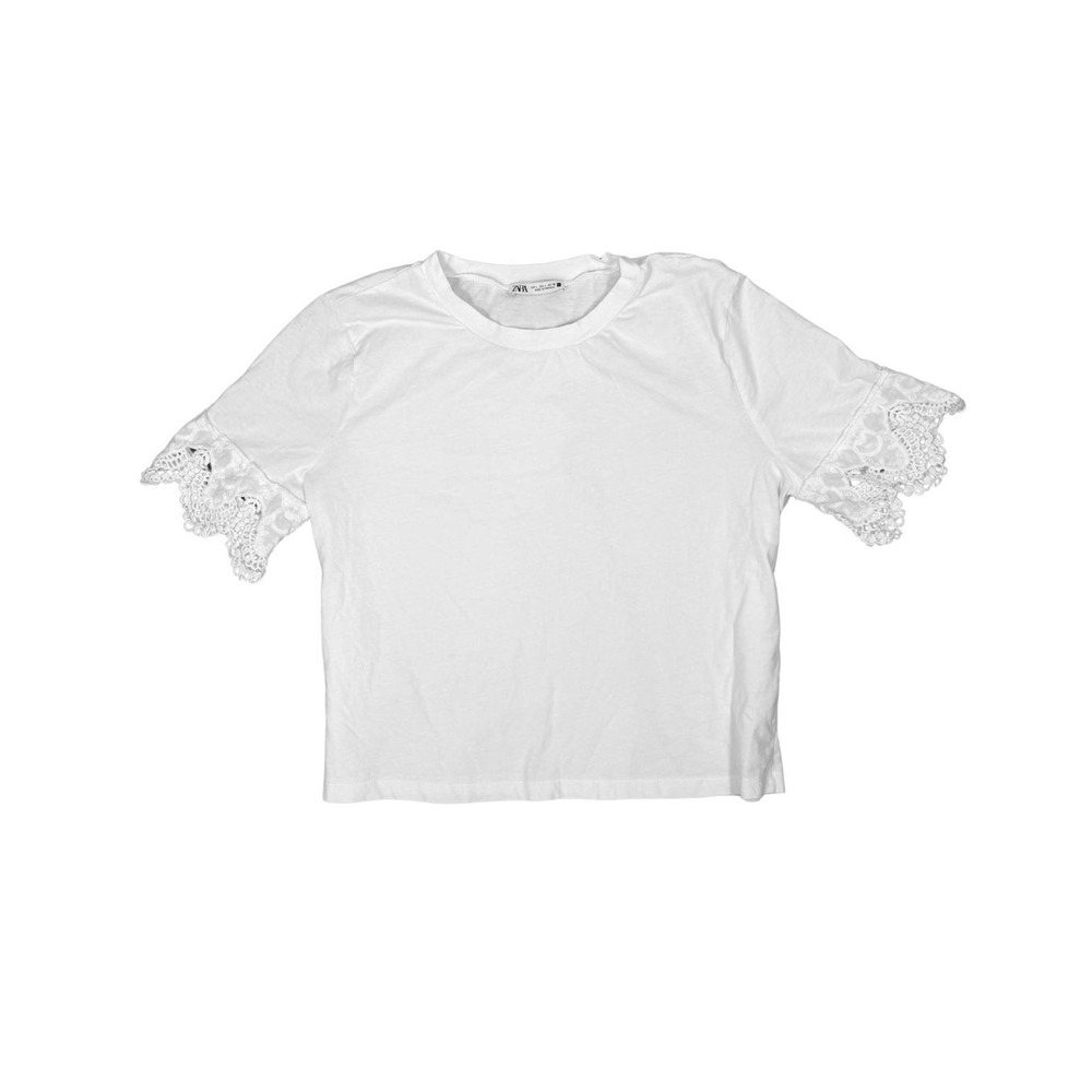 Zara White Lace Trim Short Sleeve Top Size Large Eyelet Crochet Tee